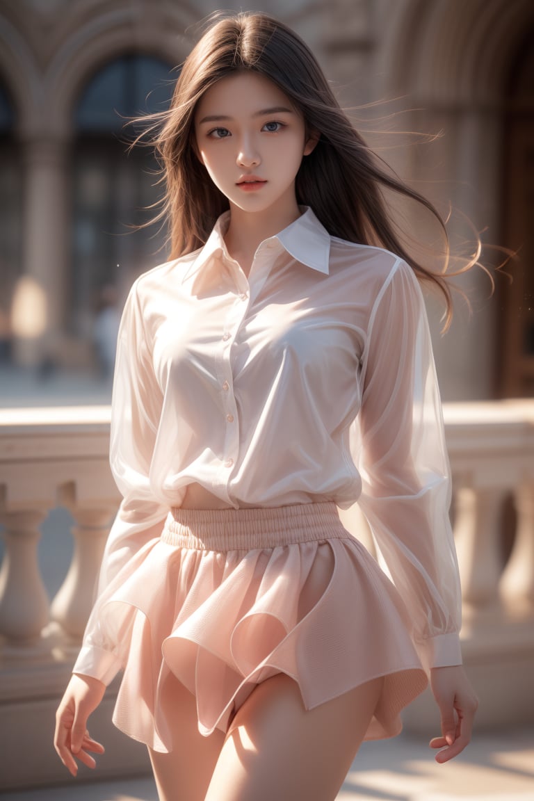 high school student,girl,wearing transparent collared shirts and short skirt,Best Quality, 32k, photorealistic, ultra-detailed, finely detailed, high resolution, perfect dynamic composition, beautiful detailed eyes, sharp-focus, cowboy_shot, 