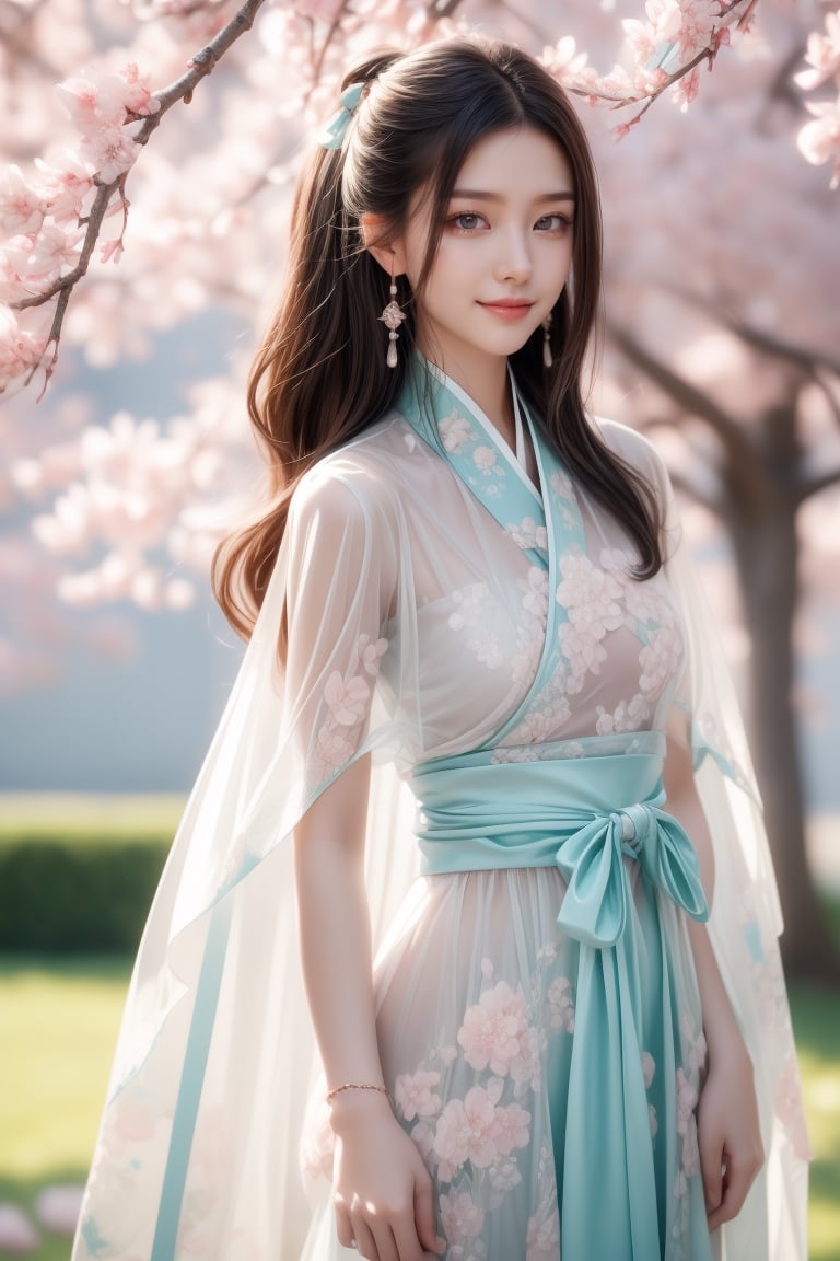 cherry blossome(full bloom), flower leaves flying by wind,
20 yo, 1 girl, beautiful girl, standing under large cherry blossome tree,wearing beautiful hanfu(white transparent),cape(white transparent),shining bracelet, smile, solo, {beautiful and detailed eyes}, dark pupil, calm expression, natural and soft light, delicate facial features, ((model pose)), Glamor body type, (dark hair:1.2), simple tiny earrings,very_long_hair,hair past hip, bang,straight hair, big buns,flim grain, realhands, masterpiece, Best Quality, 16k, photorealistic, ultra-detailed, finely detailed, high resolution, perfect dynamic composition, beautiful detailed eyes, eye smile(happy laugh), ((nervous and embarrassed)), sharp-focus, full_body, sexy pose, cowboy_shot,Bomi,ancient_chinese_indoors,horse,riding,horseback_riding,Samurai girl