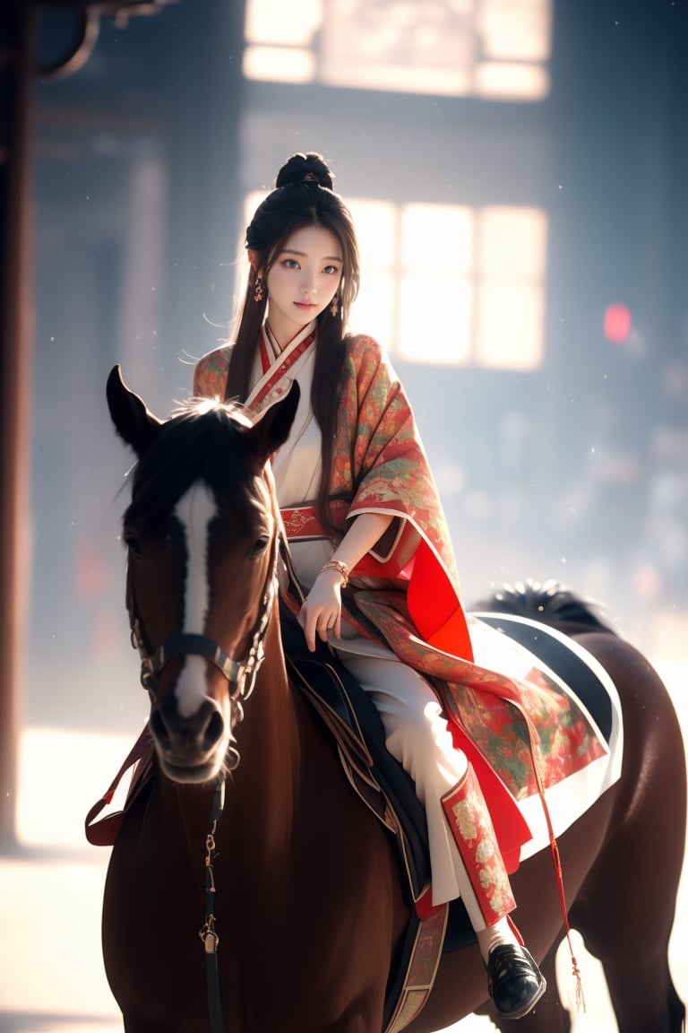 background is green field,
18 yo, 1 girl, beautiful korean girl, wearing beautiful hanfu(red),cape,riding a horse,shining bracelet, smile, solo, {beautiful and detailed eyes}, dark eyes, calm expression, natural and soft light, delicate facial features, ((model pose)), Glamor body type, (dark hair:1.2), simple tiny earrings,very_long_hair,hair past hip, bang,straight hair, big buns,flim grain, realhands, masterpiece, Best Quality, 16k, photorealistic, ultra-detailed, finely detailed, high resolution, perfect dynamic composition, beautiful detailed eyes, eye smile, ((nervous and embarrassed)), sharp-focus, full_body, sexy pose, cowboy_shot,Bomi,ancient_chinese_indoors,horse,riding,horseback_riding,Samurai girl