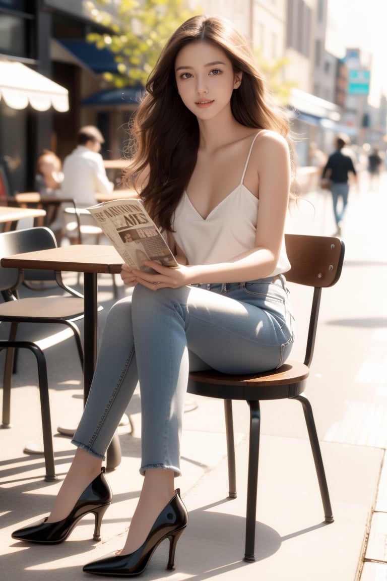 New York street,street cafe,tables,chairs,roadside trees,beautiful girl,very long hair, curly hair,brown hair,smile,wearing top(black color,strap) and jeans,heels,she is sitting at street cafe and reading magazine,Best Quality, 32k, photorealistic, ultra-detailed, finely detailed, high resolution, perfect dynamic composition, beautiful detailed eyes, sharp-focus, cowboy shot,full body,Nature