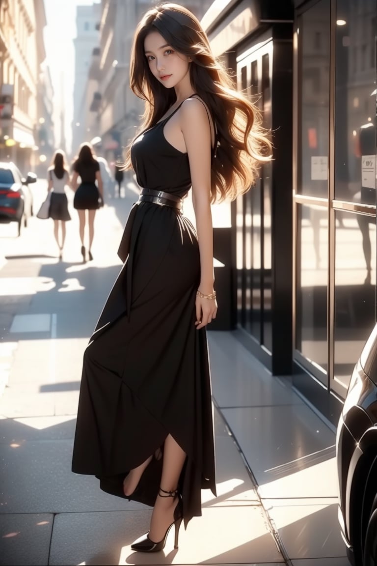background is urban street,16 yo,beautiful girl,high school student,very_long_hair,hair_past_waist,waist length hair,curly hair,dark brown hair,tall,wearing black  short dress(strap) and highheels,walking,smile,Best Quality, 32k, photorealistic, ultra-detailed, finely detailed, high resolution, perfect dynamic composition, beautiful detailed eyes, sharp-focus, cowboy shot,side shot,SIBear