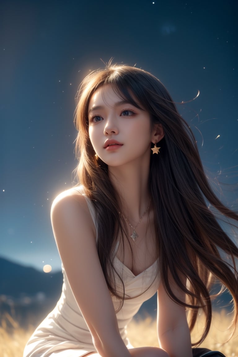 background is night sky, stars, galaxy,dark,backlighting,
18 yo, 1 girl, beautiful korean girl,sitting on a hill,
wearing white simple dress,raise head and look up at the sky, smile, solo, {beautiful and detailed eyes}, dark eyes, calm expression, delicate facial features, ((model pose)), Glamor body type, (dark hair:1.2), simple tiny earrings, simple tiny necklace,very_long_hair, hair past hip, bangs, curly hair, flim grain, realhands, masterpiece, Best Quality, 16k, photorealistic, ultra-detailed, finely detailed, high resolution, perfect dynamic composition, beautiful detailed eyes, eye smile, ((nervous and embarrassed)), sharp-focus, full_body, cowboy_shot,