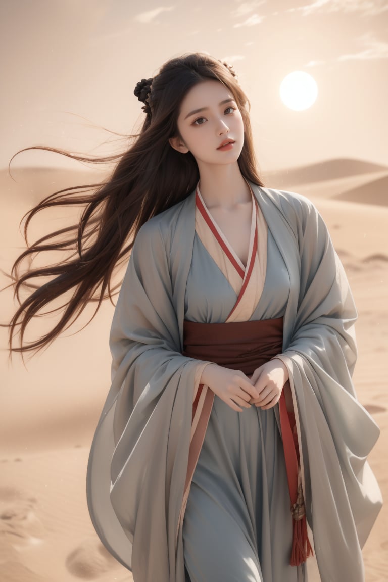 sky,desert, dune,sun,wind,sand storm,16 yo,beautiful girl,very long hair, straight hair,brown hair,wearing hanfu,walking on dune,she is looking up sky,Best Quality, 32k, photorealistic, ultra-detailed, finely detailed, high resolution, perfect dynamic composition, beautiful detailed eyes, sharp-focus, cowboy shot,under view shot,