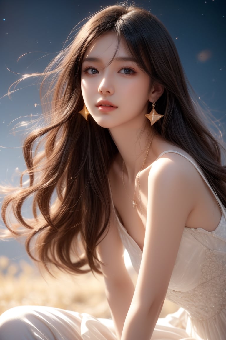 background is night sky, stars, galaxy,dark,backlighting,
18 yo, 1 girl, beautiful korean girl,sitting on a hill,
wearing white dress,raise head and look up at the sky, smile, solo, {beautiful and detailed eyes}, dark eyes, calm expression, delicate facial features, ((model pose)), Glamor body type, (dark hair:1.2), simple tiny earrings, simple tiny necklace,very_long_hair, hair past hip, bangs, curly hair, flim grain, realhands, masterpiece, Best Quality, 16k, photorealistic, ultra-detailed, finely detailed, high resolution, perfect dynamic composition, beautiful detailed eyes, eye smile, ((nervous and embarrassed)), sharp-focus, full_body, cowboy_shot,