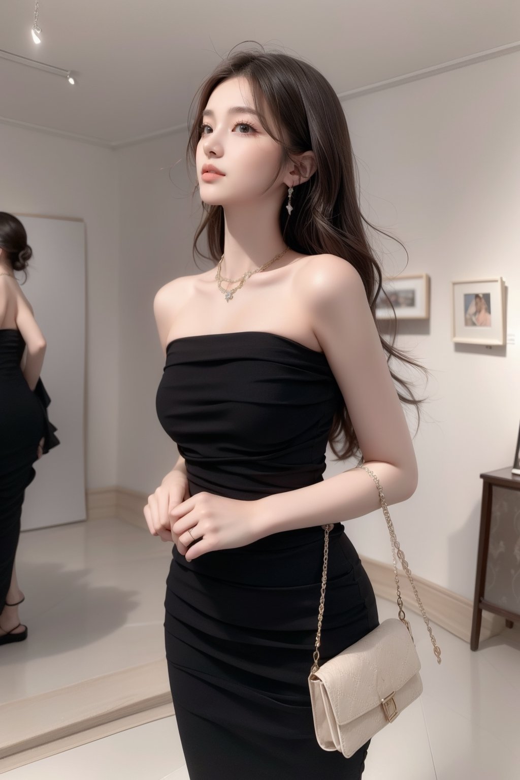 Background is Louvre Museum,art gallery,hall(high ceiling,white wall),framed pictures on the wall,
18 yo, 1 girl, beautiful korean girl,standing in front of picture,wearing bzsohee, black dress, bare shoulders, strapless dresssmall handbag,
solo, {beautiful and detailed eyes}, dark eyes, calm expression, delicate facial features, ((model pose)), Glamor body type, (dark hair:1.2),very_long_hair, hair past hip,curly hair,bangs,
simple tiny necklace,simple tiny earrings, flim grain, realhands, masterpiece, Best Quality, 16k, photorealistic, ultra-detailed, finely detailed, high resolution, perfect dynamic composition, beautiful detailed eyes, eye smile, ((nervous and embarrassed)), sharp-focus, full_body, cowboy_shot, ,GothGal,0ff1c3_3,bzsohee