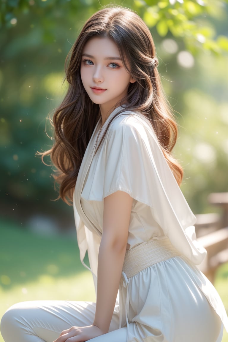 background is forest,deep forest,morning,16 yo,beautiful girl,very_long_hair,hair_past_waist,waist length hair,curly hair,dark brown hair,slim waist,third eye,she has 1 more eye at the middle of the forehead,halo,wearing simple white robe,yoga sitting,smile,Best Quality, 32k, photorealistic, ultra-detailed, finely detailed, high resolution, perfect dynamic composition, beautiful detailed eyes, sharp-focus, cowboy shot,front shot,yoga pants,1girl
