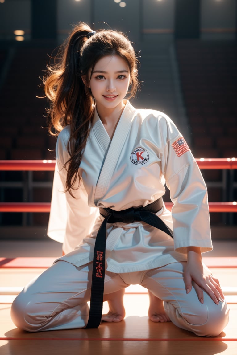 background is judo hall,stadium,16 yo,beautiful girl,female fighter,very long ponytail,curly hair,dark brown hair, girl doing karate in karate costume, karate costume, black belt, barefoot,smile,Best Quality, 32k, photorealistic, ultra-detailed, finely detailed, high resolution, perfect dynamic composition, beautiful detailed eyes, sharp-focus, cowboy shot,