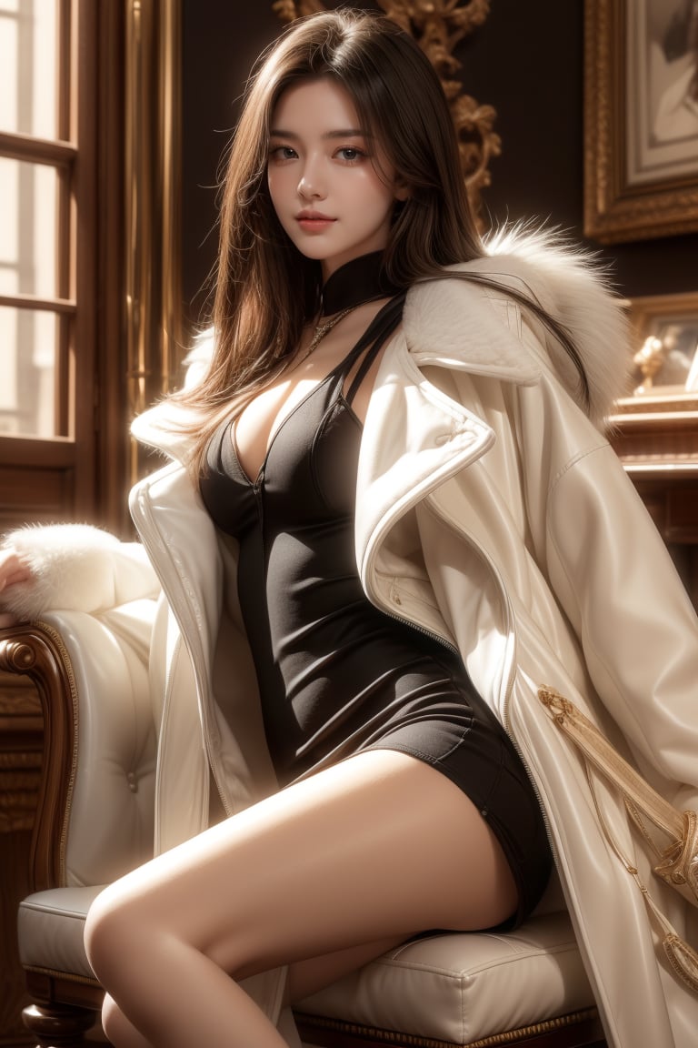 the living room of a mansion,antique furnitures,a sexy girl,beautiful girl,16 yo, dark hair,straight hair,wearing long black fur coat(inside tight short dress),sitting on chair,closing legs,accessories,smile,Best Quality, 32k, photorealistic, ultra-detailed, finely detailed, high resolution, perfect dynamic composition, beautiful detailed eyes, sharp-focus, cowboy shot,xuer white fur coat