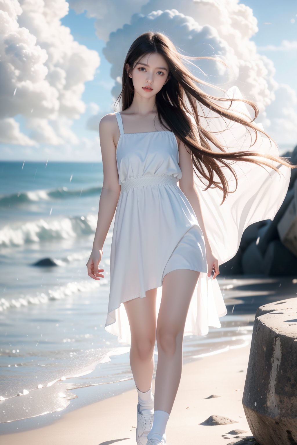 rainy day, at the edge of the cliff,seaside,tide,clouds,girl,very_long_hair,hair_past_hip,wearing white simple dress, long socks and sneakers,Best Quality, 32k, photorealistic, ultra-detailed, finely detailed, high resolution, perfect dynamic composition, beautiful detailed eyes, sharp-focus, cowboy_shot,