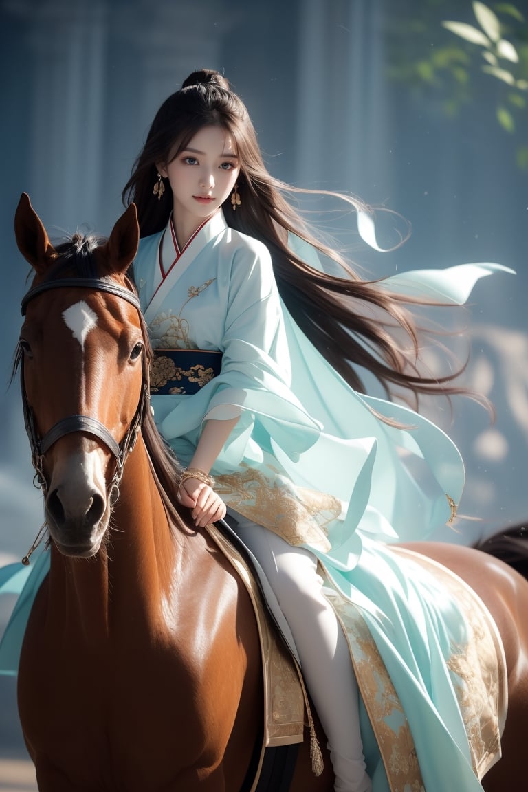 background forest,foggy,flower leaves flying in the wind,
20 yo, 1 girl, beautiful girl, wearing beautiful hanfu(white transparent),cape(white transparent),riding a horse,shining bracelet, smile, solo, {beautiful and detailed eyes}, dark eyes, calm expression, natural and soft light, delicate facial features, ((model pose)), Glamor body type, (dark hair:1.2), simple tiny earrings,very_long_hair,hair past hip, bang,straight hair, big buns,flim grain, realhands, masterpiece, Best Quality, 16k, photorealistic, ultra-detailed, finely detailed, high resolution, perfect dynamic composition, beautiful detailed eyes, eye smile, ((nervous and embarrassed)), sharp-focus, full_body, sexy pose, cowboy_shot,Bomi,ancient_chinese_indoors,horse,riding,horseback_riding,Samurai girl