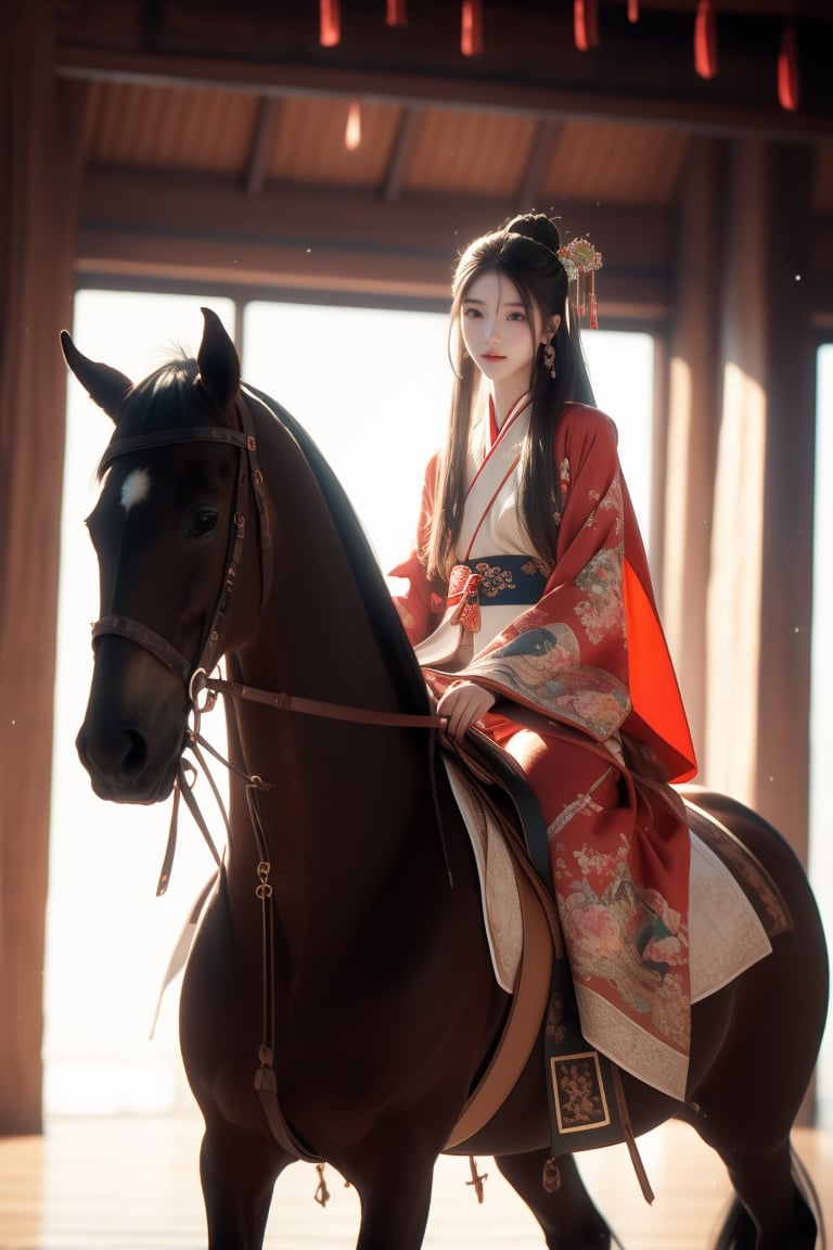 background is green field,
18 yo, 1 girl, beautiful korean girl, wearing beautiful hanfu(red),cape,riding a horse,shining bracelet, smile, solo, {beautiful and detailed eyes}, dark eyes, calm expression, natural and soft light, delicate facial features, ((model pose)), Glamor body type, (dark hair:1.2), simple tiny earrings,very_long_hair,hair past hip, bang,straight hair, big buns,hairpins,flim grain, realhands, masterpiece, Best Quality, 16k, photorealistic, ultra-detailed, finely detailed, high resolution, perfect dynamic composition, beautiful detailed eyes, eye smile, ((nervous and embarrassed)), sharp-focus, full_body, sexy pose, cowboy_shot,Bomi,ancient_chinese_indoors,horse,riding,horseback_riding,Samurai girl