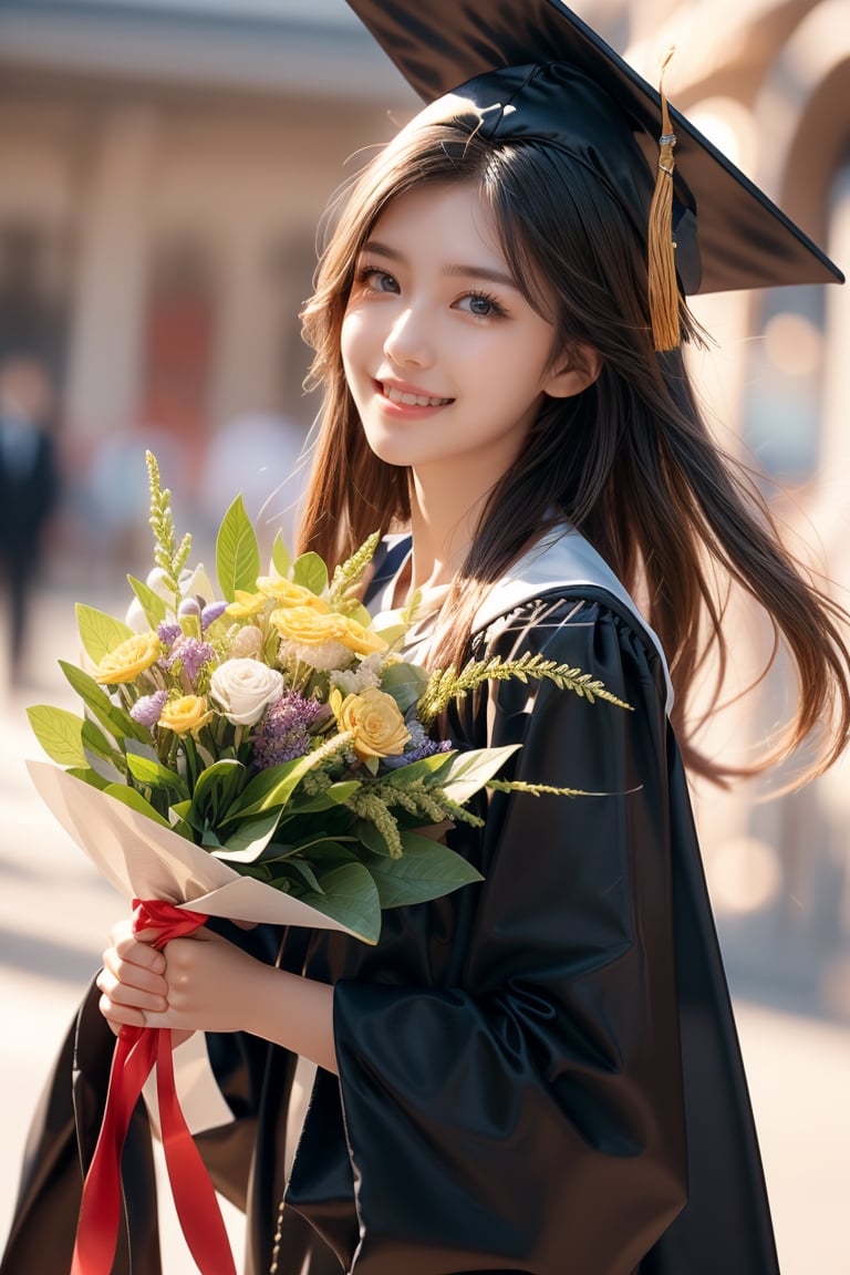 graduation ceremony,girl,college student,wearing graduation gown(black color),holding buquet,smile,Best Quality, 32k, photorealistic, ultra-detailed, finely detailed, high resolution, perfect dynamic composition, beautiful detailed eyes, sharp-focus, cowboy_shot, 