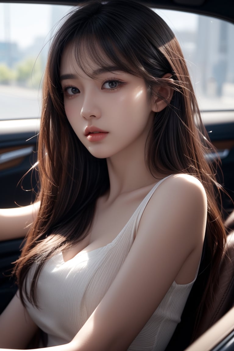 highway,beautiful korean girl,16 yo, dark hair(very long hair, straight hair,bangs),driving a car(convertible car),
Best Quality, 32k, photorealistic, ultra-detailed, finely detailed, high resolution, perfect dynamic composition, beautiful detailed eyes, sharp-focus, cowboy_shot,