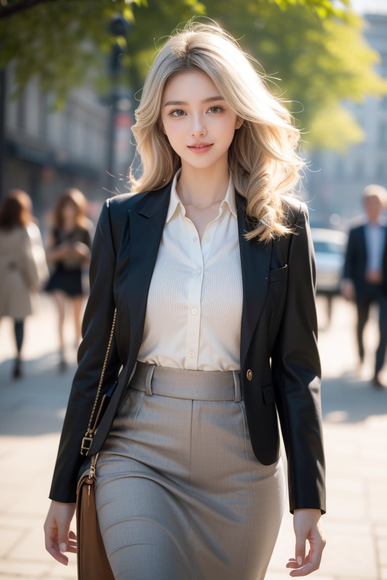 traditional university campus,1 girl,colledge student,grey blonde hair,very long hair,curly hair,dark grey suit jacket and long woolen skirt(black),walking,side shot,smile,Best Quality, 32k, photorealistic, ultra-detailed, finely detailed, high resolution, perfect dynamic composition, beautiful detailed eyes, sharp-focus, cowboy shot,