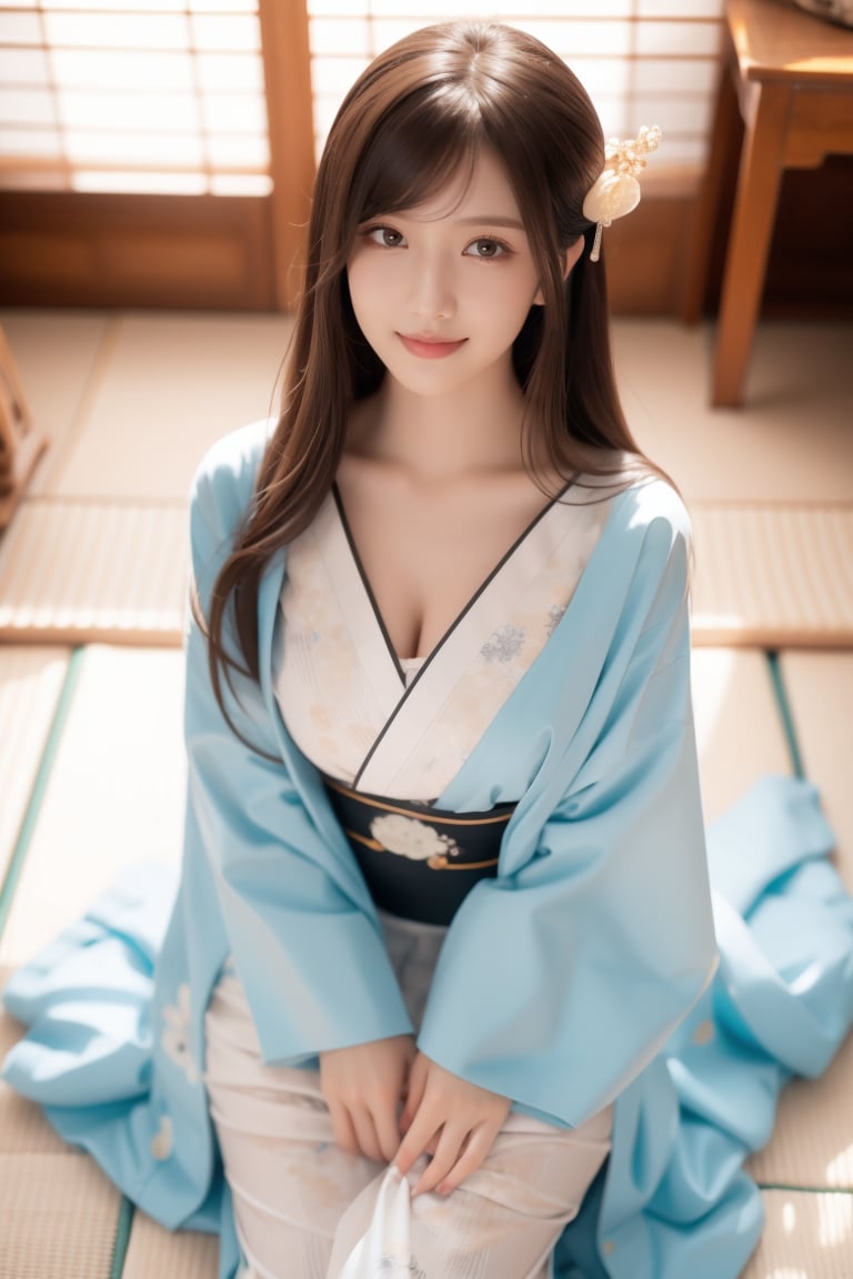 japanese room,beautiful girl,16 yo, dark hair,straight hair,bangs,wearing kimono,sitting on floor,accessories,smile,Best Quality, 32k, photorealistic, ultra-detailed, finely detailed, high resolution, perfect dynamic composition, beautiful detailed eyes, sharp-focus, cowboy shot,More Detail,top view shot,washitsu