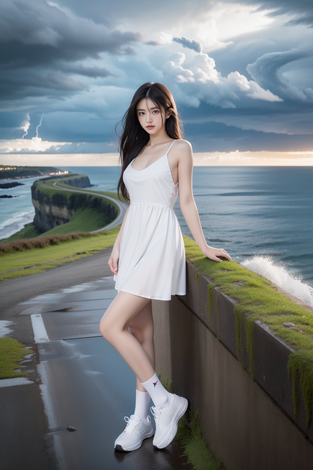 1girl,very_long_hair,hair_past_hip,wearing white simple short dress, long socks and sneakers,storm,rainy day, dark sky,seaside,tide,dark clouds,thunder storm,standing at the edge of the cliff,Best Quality, 32k, photorealistic, ultra-detailed, finely detailed, high resolution, perfect dynamic composition, beautiful detailed eyes, sharp-focus, cowboy_shot,Nature