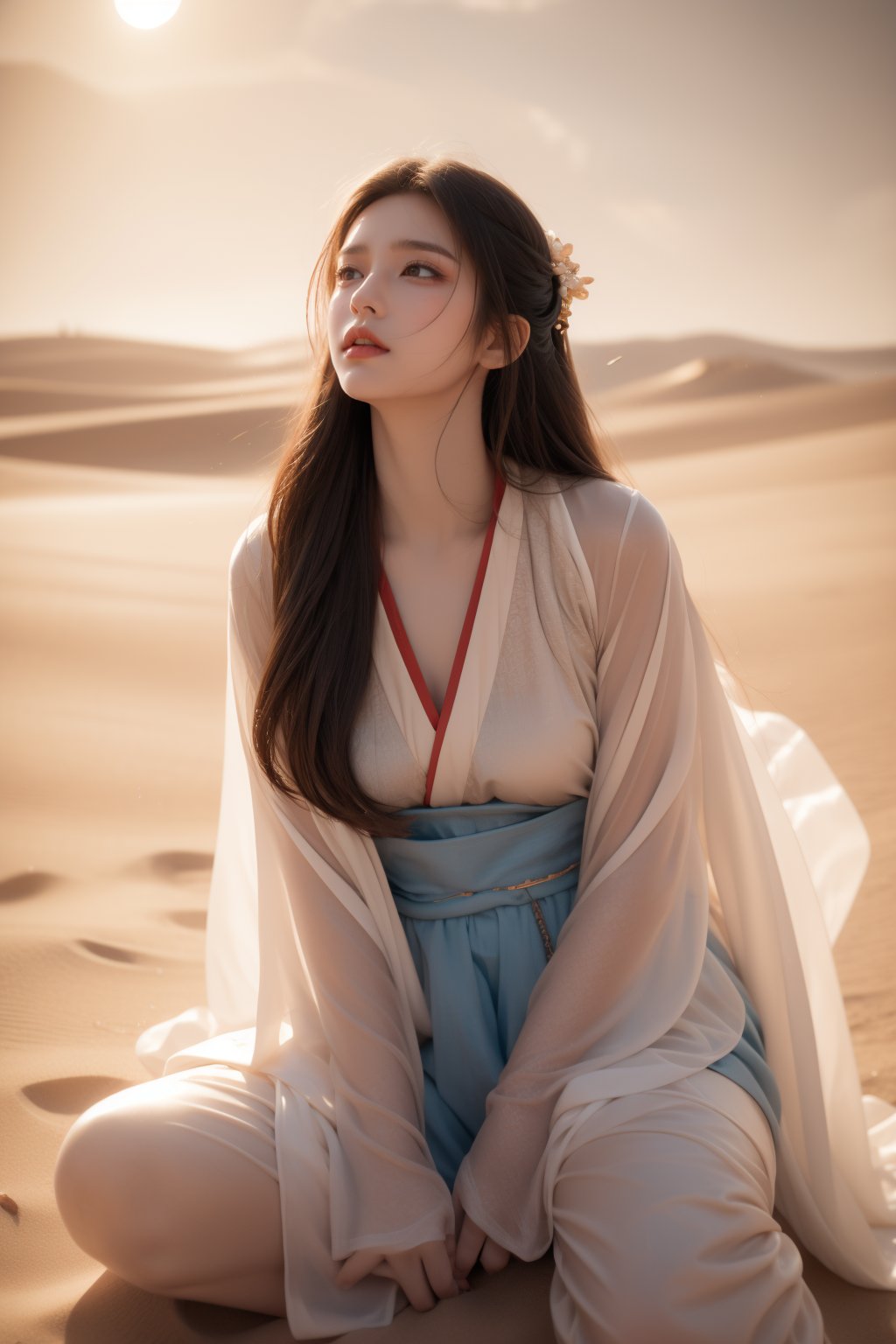 sky,desert, dune,sun,wind,sand storm,16 yo,beautiful girl,very long hair, straight hair,brown hair,wearing hanfu(ragged),sit on knee,she is looking up sky,crying,tears,Best Quality, 32k, photorealistic, ultra-detailed, finely detailed, high resolution, perfect dynamic composition, beautiful detailed eyes, sharp-focus, cowboy shot,