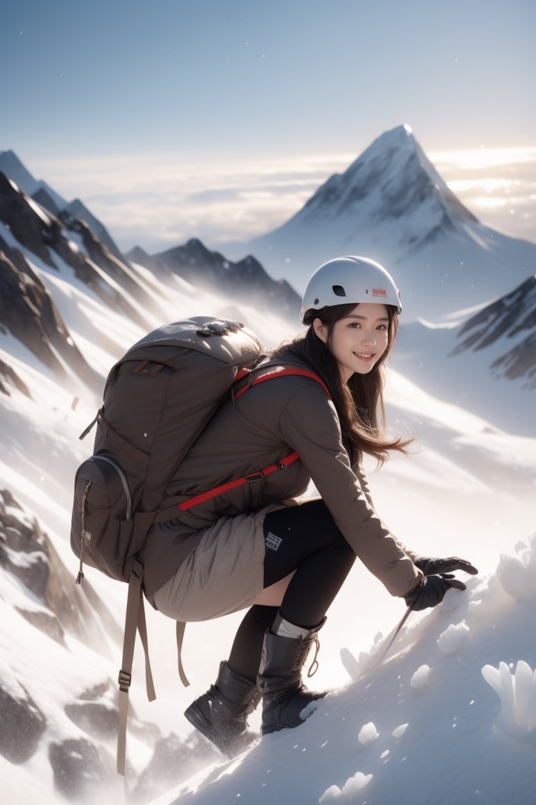 Mountain Everest,glacier,an explorer,16 yo,beautiful girl,very long hair, straight hair,brown hair, climbing mountain Everest,smile,wearing mountain climbing cloth,boots and helmet,gloves,backpack,Best Quality, 32k, photorealistic, ultra-detailed, finely detailed, high resolution, perfect dynamic composition, beautiful detailed eyes, sharp-focus, cowboy shot,front view,Chinese ink painting