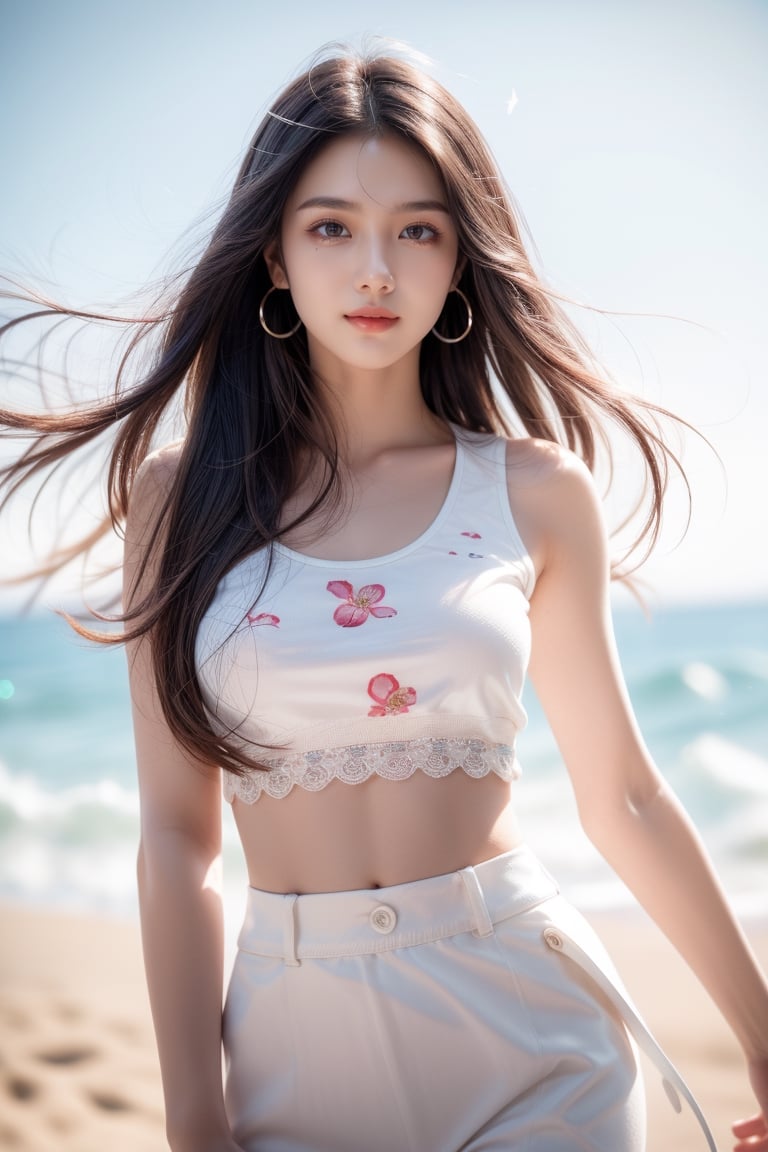 background is CAPRI,island of Italy, sea,horizon,beach,1 girl, 18 yo, beautiful girl, korean girl,wearing black sleeveless shirts and white wide skirts(flower pattern),standing on beach,happy smile,
solo, {beautiful and detailed eyes}, dark eyes, calm expression, delicate facial features, ((model pose)), Glamor body type, slim waist,(dark hair),dreadlocks,pale skin,detailed skin,hairpins, flim grain, realhands, masterpiece, Best Quality, 32k, vivid color,photorealistic, ultra-detailed, finely detailed, high resolution, perfect dynamic composition, beautiful detailed eyes, sharp-focus, cowboy_shot, 