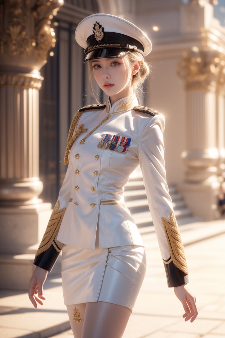 background old palace square,16 yo,beautiful girl,military officer,blonde hair,chignon,blue eyes,glamor,tall,slim waist,wearing military uniform(white full dress uniform,long sleeve suit jacket,tight skirt),boots and hat,Best Quality, 32k, photorealistic, ultra-detailed, finely detailed, high resolution, perfect dynamic composition, beautiful detailed eyes, sharp-focus, cowboy shot,