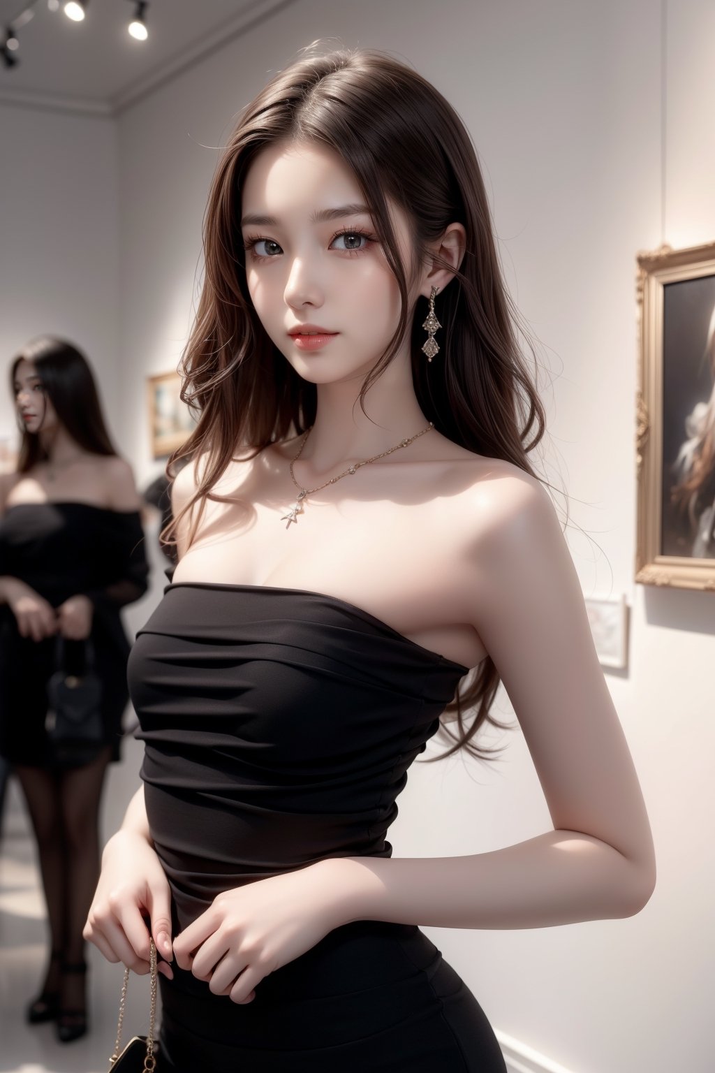 Background is art gallery,hall(high ceiling,white wall),framed big pictures on the wall(famouse paintings),
18 yo, 1 girl, beautiful korean girl,standing in front of picture,wearing bzsohee, black dress, bare shoulders, strapless dress,small handbag,
solo, {beautiful and detailed eyes}, dark eyes, calm expression, delicate facial features, ((model pose)), Glamor body type, (dark hair:1.2),very_long_hair, hair past hip,curly hair,bangs,
simple tiny necklace,simple tiny earrings, flim grain, realhands, masterpiece, Best Quality, 16k, photorealistic, ultra-detailed, finely detailed, high resolution, perfect dynamic composition, beautiful detailed eyes, eye smile, ((nervous and embarrassed)), sharp-focus, full_body, cowboy_shot, ,GothGal,0ff1c3_3,bzsohee