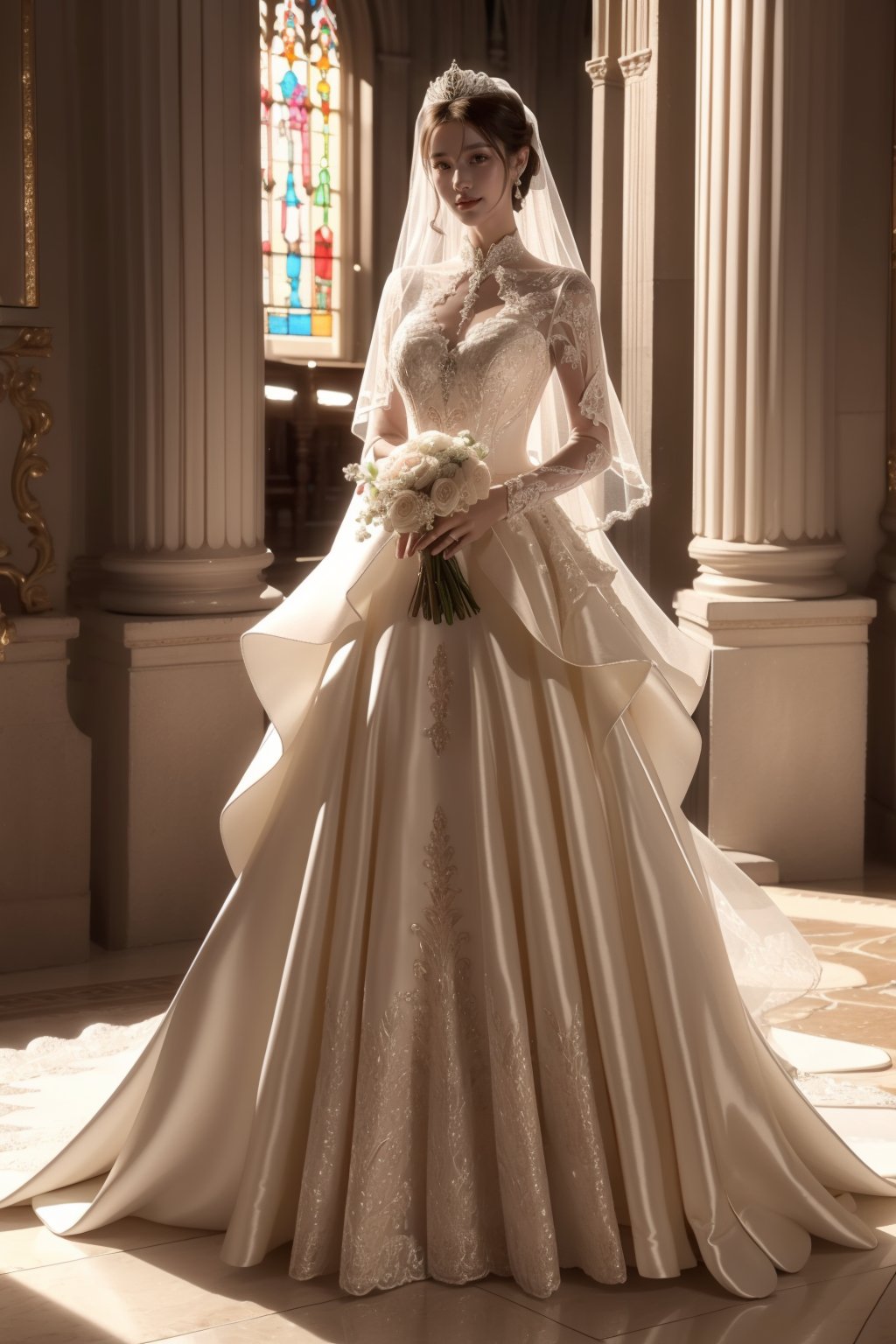 a magnificent cathedral,stained glasses,red carpet on the marble floor,royal wedding,beautiful bride,dark blonde hair, she is wearing beautiful wedding dress, heels,accesories, and holding buquet,she is marching,happy smile,face lighting,Best Quality, 32k, photorealistic, ultra-detailed, finely detailed, high resolution, perfect dynamic composition, beautiful detailed eyes, sharp-focus, cowboy shot,full body,ruanyi0263