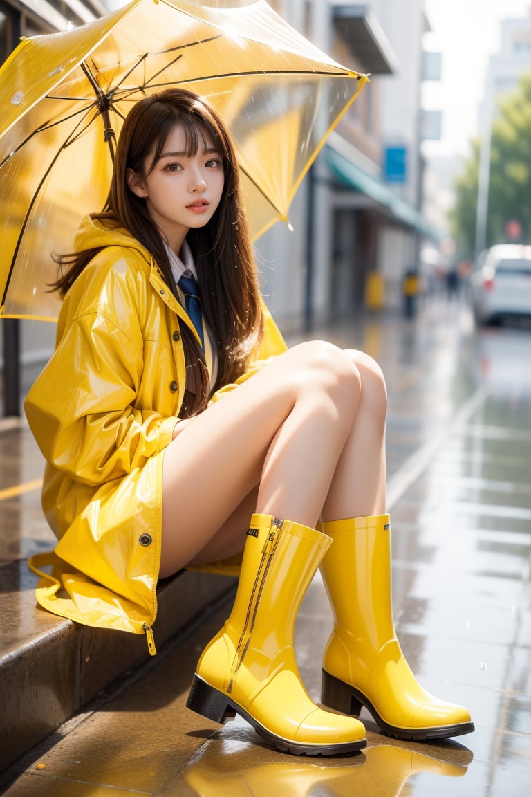 park,high school student,girl,very_long_hair ,bangs,wearing long rain coat(yellow color),school uniform and rain boots(yellow color),sitting on street,Best Quality, 32k, photorealistic, ultra-detailed, finely detailed, high resolution, perfect dynamic composition, beautiful detailed eyes, sharp-focus, cowboy_shot, front shot,