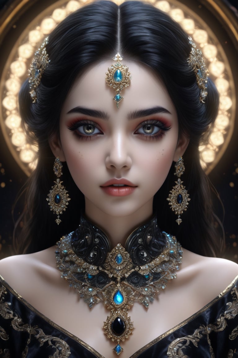 female made from the most beautiful women in the world, fractal design led lights,  glass, super realistic,  4k,  expert lighting,  perfect symmetry, Realism, Makeup, Face makeup, black hair, Insanely gorgeous, maddeningly beautiful, black dreamy eyes, beautifully big almond eyes, ornate lights, ornate jewellery, and marble background, photorealistic, very desirable, hyperdetailed, intricately detailed, color depth, dramatic contrast, cinematic colour, colour and texture of the heavens, 