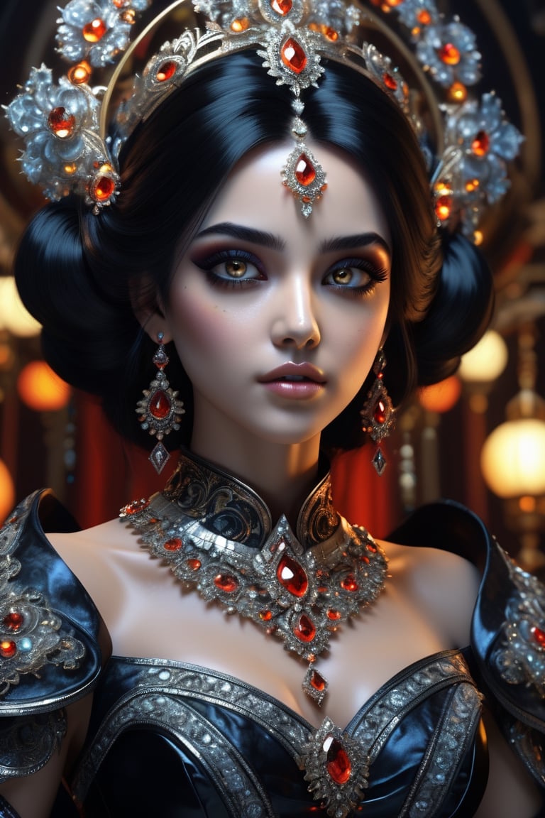 female made from the most beautiful women in the world, fractal design led lights,  glass, super realistic,  4k,  expert lighting,  perfect symmetry, Realism, Makeup, Face makeup, black hair, Insanely gorgeous, maddeningly beautiful, black dreamy eyes, beautifully big almond eyes, ornate lights, ornate jewellery, and marble background, photorealistic, very desirable, hyperdetailed, intricately detailed, color depth, dramatic contrast, cinematic colour, colour and texture of the heavens, 