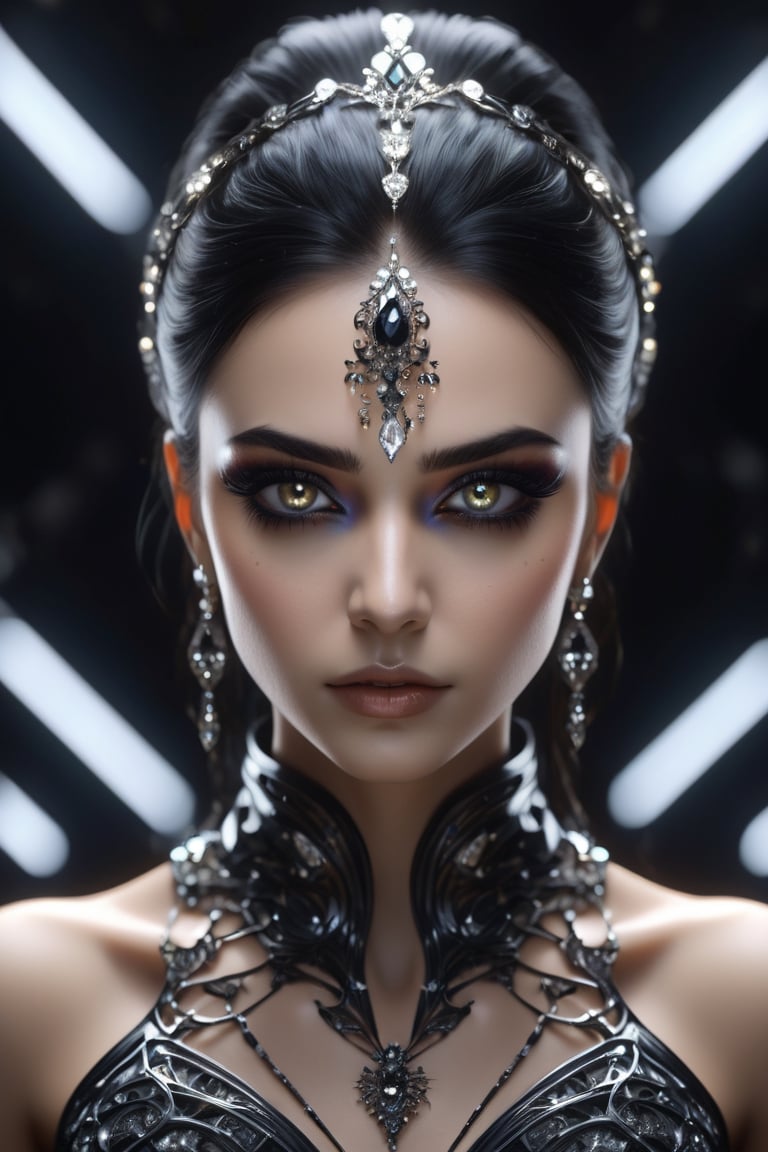 female made from the most beautiful women in the world, fractal design led lights,  glass, super realistic,  4k,  expert lighting,  perfect symmetry, Realism, Makeup, Face makeup, black hair, Insanely gorgeous, maddeningly beautiful, black eyes, ornate lights and marble background