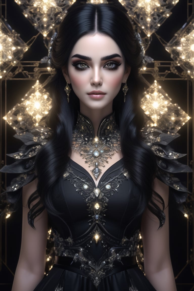 female made from the most beautiful women in the world, fractal design led lights,  glass, super realistic,  4k,  expert lighting,  perfect symmetry, Realism, Makeup, Face makeup, black hair, Insanely gorgeous, maddeningly beautiful, black eyes, ornate lights and marble background