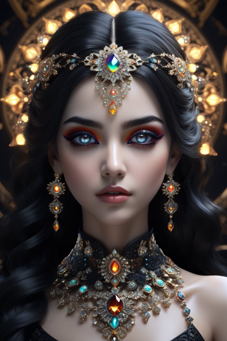 female made from the most beautiful women in the world, fractal design led lights,  glass, super realistic,  4k,  expert lighting,  perfect symmetry, Realism, Makeup, Face makeup, black hair, Insanely gorgeous, maddeningly beautiful, black dreamy eyes, beautifully big almond eyes, ornate lights, ornate jewellery, and marble background, photorealistic, very desirable, hyperdetailed, intricately detailed, color depth, dramatic contrast, cinematic colour, colour and texture of the heavens, 