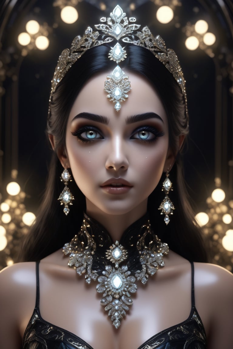 female made from the most beautiful women in the world, fractal design led lights,  glass, super realistic,  4k,  expert lighting,  perfect symmetry, Realism, Makeup, Face makeup, black hair, Insanely gorgeous, maddeningly beautiful, black dreamy eyes, beautifully big almond eyes, ornate lights, ornate jewellery, and marble background