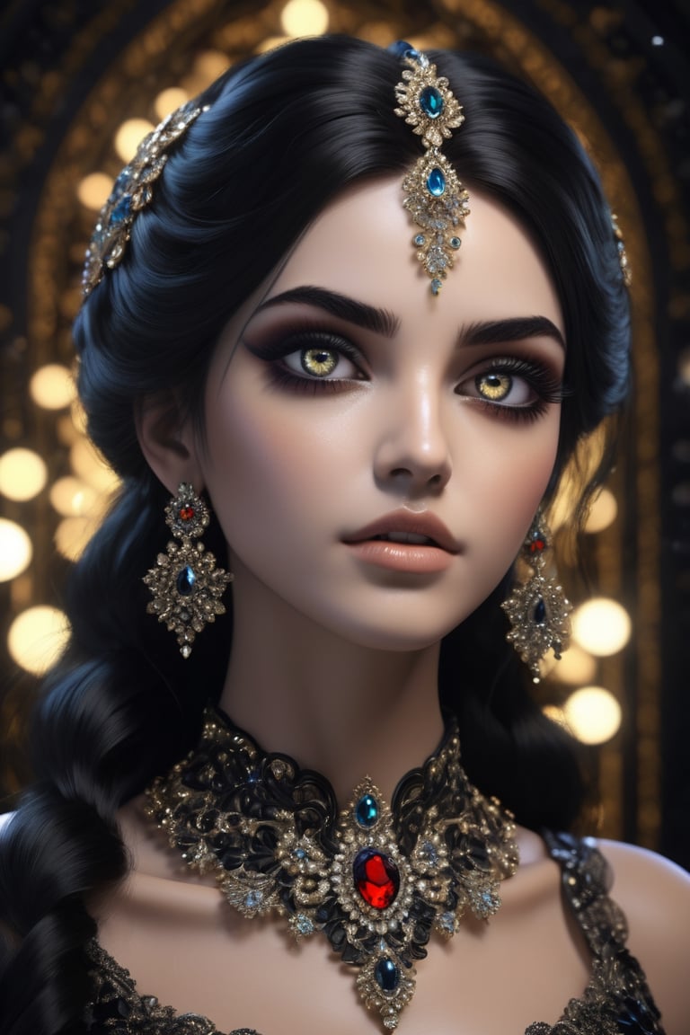 female made from the most beautiful women in the world, fractal design led lights,  glass, super realistic,  4k,  expert lighting,  perfect symmetry, Realism, Makeup, Face makeup, black hair, Insanely gorgeous, maddeningly beautiful, black dreamy eyes, beautifully big almond eyes, ornate lights, ornate jewellery, and marble background