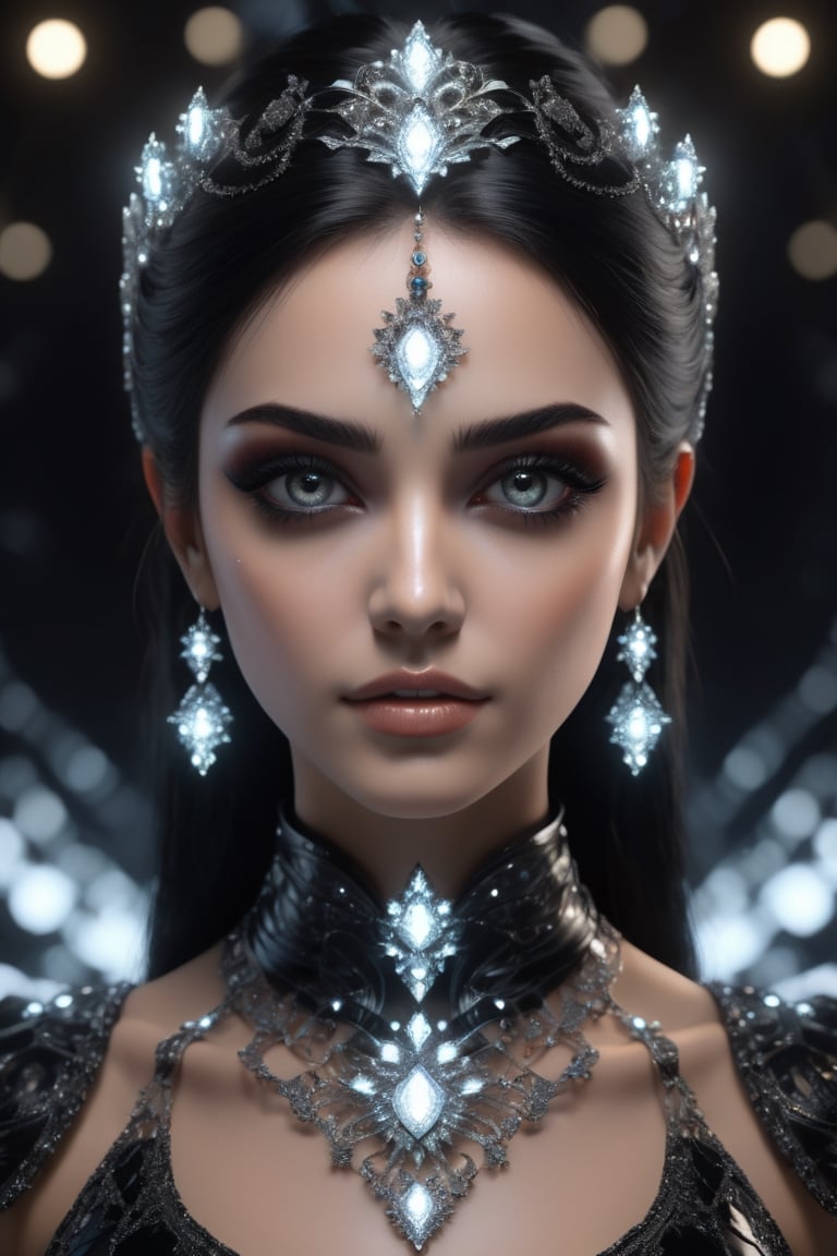 female made from the most beautiful women in the world, fractal design led lights,  glass, super realistic,  4k,  expert lighting,  perfect symmetry, Realism, Makeup, Face makeup, black hair, Insanely gorgeous, maddeningly beautiful, black eyes, ornate lights and marble background