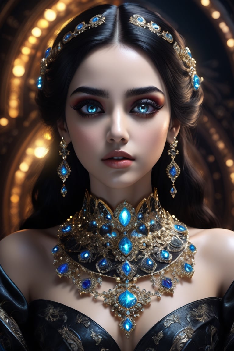 female made from the most beautiful women in the world, fractal design led lights,  glass, super realistic,  4k,  expert lighting,  perfect symmetry, Realism, Makeup, Face makeup, black hair, Insanely gorgeous, maddeningly beautiful, black dreamy eyes, beautifully big almond eyes, ornate lights, ornate jewellery, and marble background, photorealistic, very desirable, hyperdetailed, intricately detailed, color depth, dramatic contrast, cinematic colour, colour and texture of the heavens, 