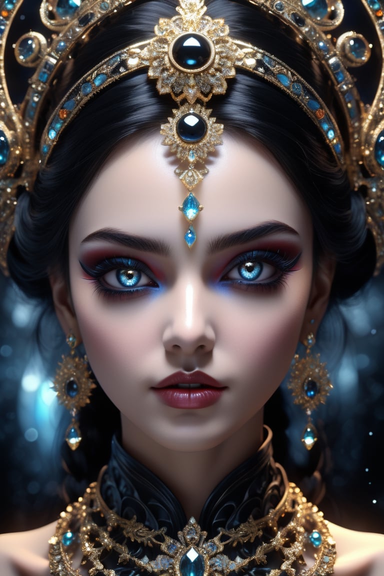 female made from the most beautiful women in the world, fractal design led lights,  glass, super realistic,  4k,  expert lighting,  perfect symmetry, Realism, Makeup, Face makeup, black hair, Insanely gorgeous, maddeningly beautiful, black dreamy eyes, beautifully big almond eyes, ornate lights, ornate jewellery, and marble background, photorealistic, very desirable, hyperdetailed, intricately detailed, color depth, dramatic contrast, cinematic colour, colour and texture of the heavens, 