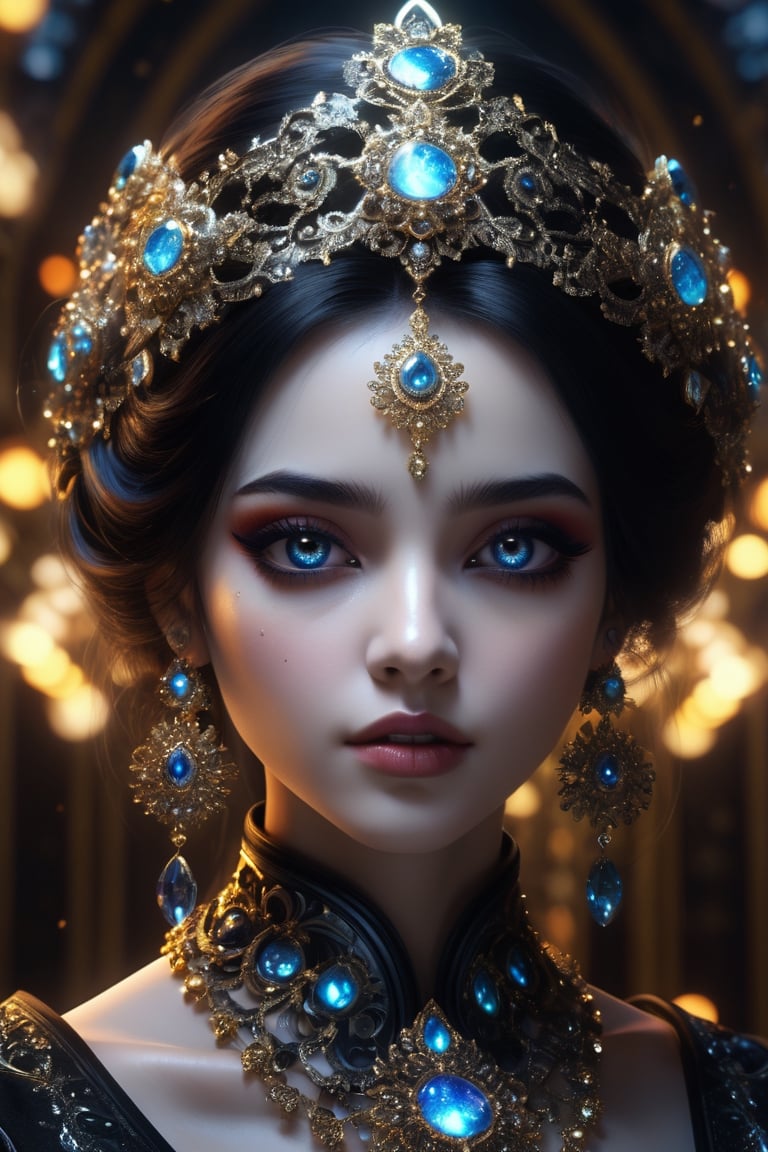 female made from the most beautiful women in the world, fractal design led lights,  glass, super realistic,  4k,  expert lighting,  perfect symmetry, Realism, Makeup, Face makeup, black hair, Insanely gorgeous, maddeningly beautiful, black dreamy eyes, beautifully big almond eyes, ornate lights, ornate jewellery, and marble background, photorealistic, very desirable, hyperdetailed, intricately detailed, color depth, dramatic contrast, cinematic colour, colour and texture of the heavens, 