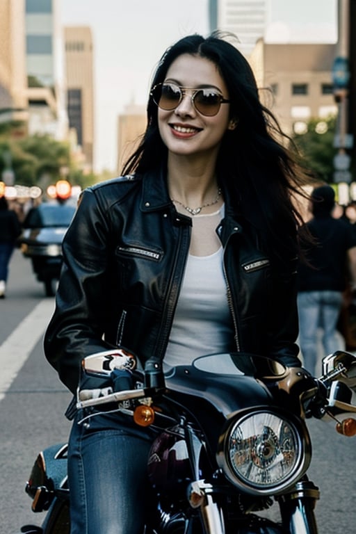 a 47-year-old young mother riding a harley davidson in the middle of a city full of people and vehicles, is stopping to enjoy the atmosphere of freedom, without wearing clothes she is enjoying the beauty of the afternoon in the middle of the city crowd