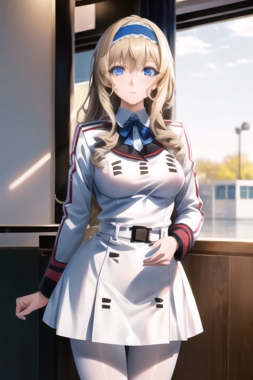 (masterpiece:1.2), best quality, high resolution, unity 8k wallpaper, (illustration:0.8), (beautiful detailed eyes:1.4), extremely detailed face, perfect lighting, extremely detailed CG, (perfect hands, perfect anatomy), 1lady, milf, aacecilia, long hair, curly hair, blue hairband, school uniform, white jacket, white dress, long sleeves, belt, black pantyhose, 