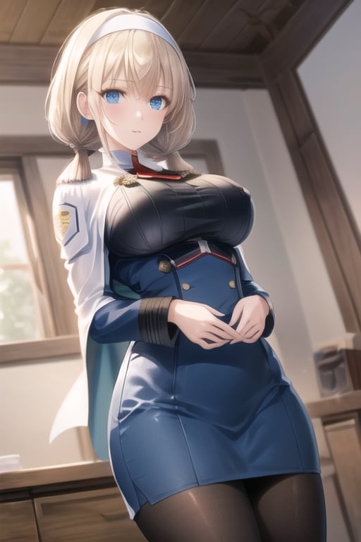 mitsuba_a_v2, large breasts, blue eyes, long blonde hair, low twintails, bangs, white hairband, 
Mitsuba Greyvalley's military uniform, white capelet, black pantyhose, 