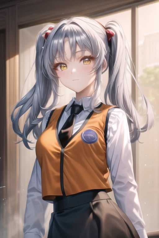 ruri_a, twintails, silver hair, golden eyes, shirt, white shirt, long sleeves, stick tie, black tie, vest, orange vest, sleeveless vest, black skirt, tight skirt,