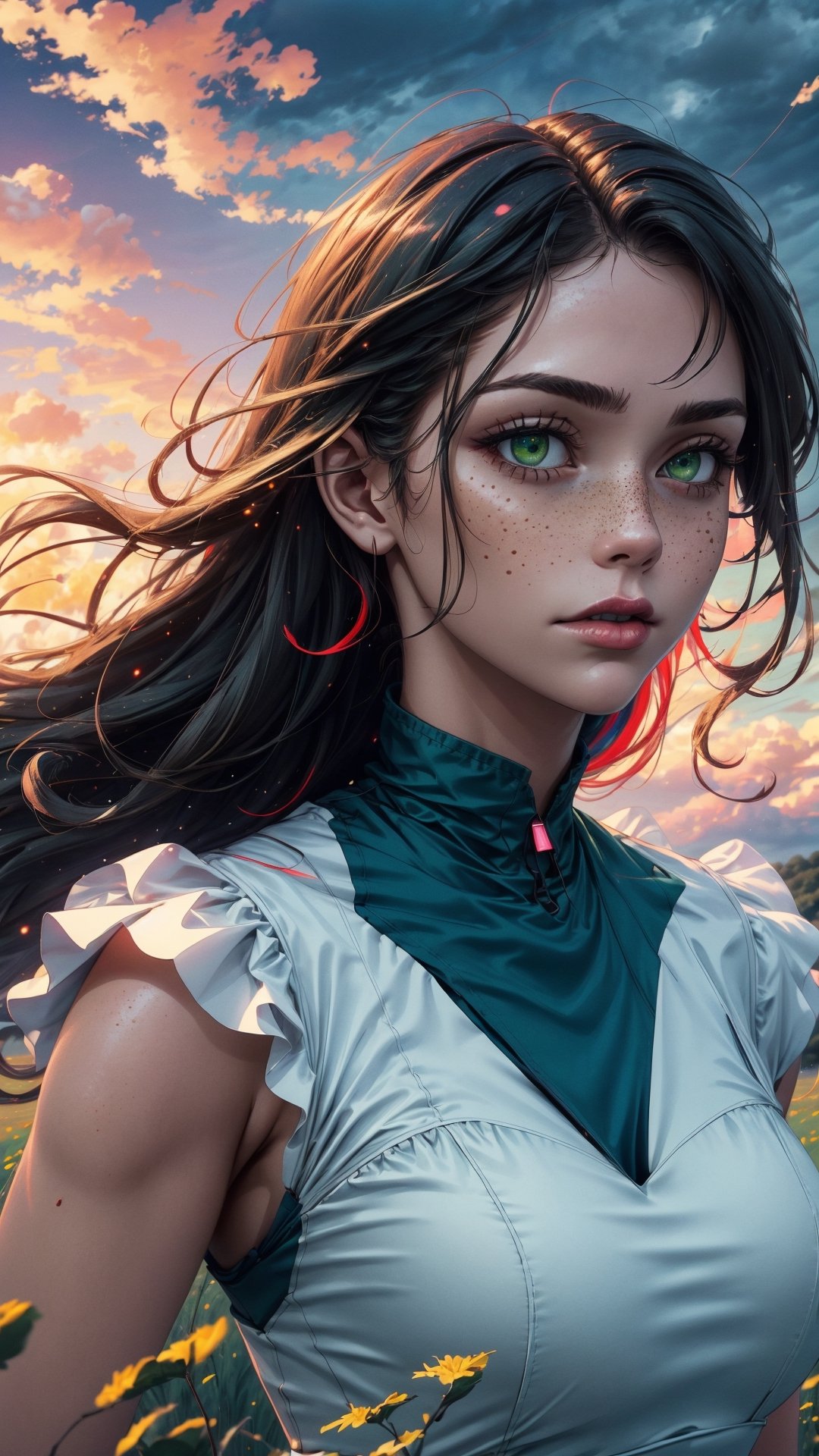 best quality,cinematic,a woman in a long white dress,running through an open field,long hair,bangs,voloptuous,green eyes,freckles on her cheeks,wind,detailed face,detailed body,red and gray sky,glow,clouds,vegetation,green plains,cinematic,colorful,extremely detailed,EpicSky,cloud,sky,highly detailed