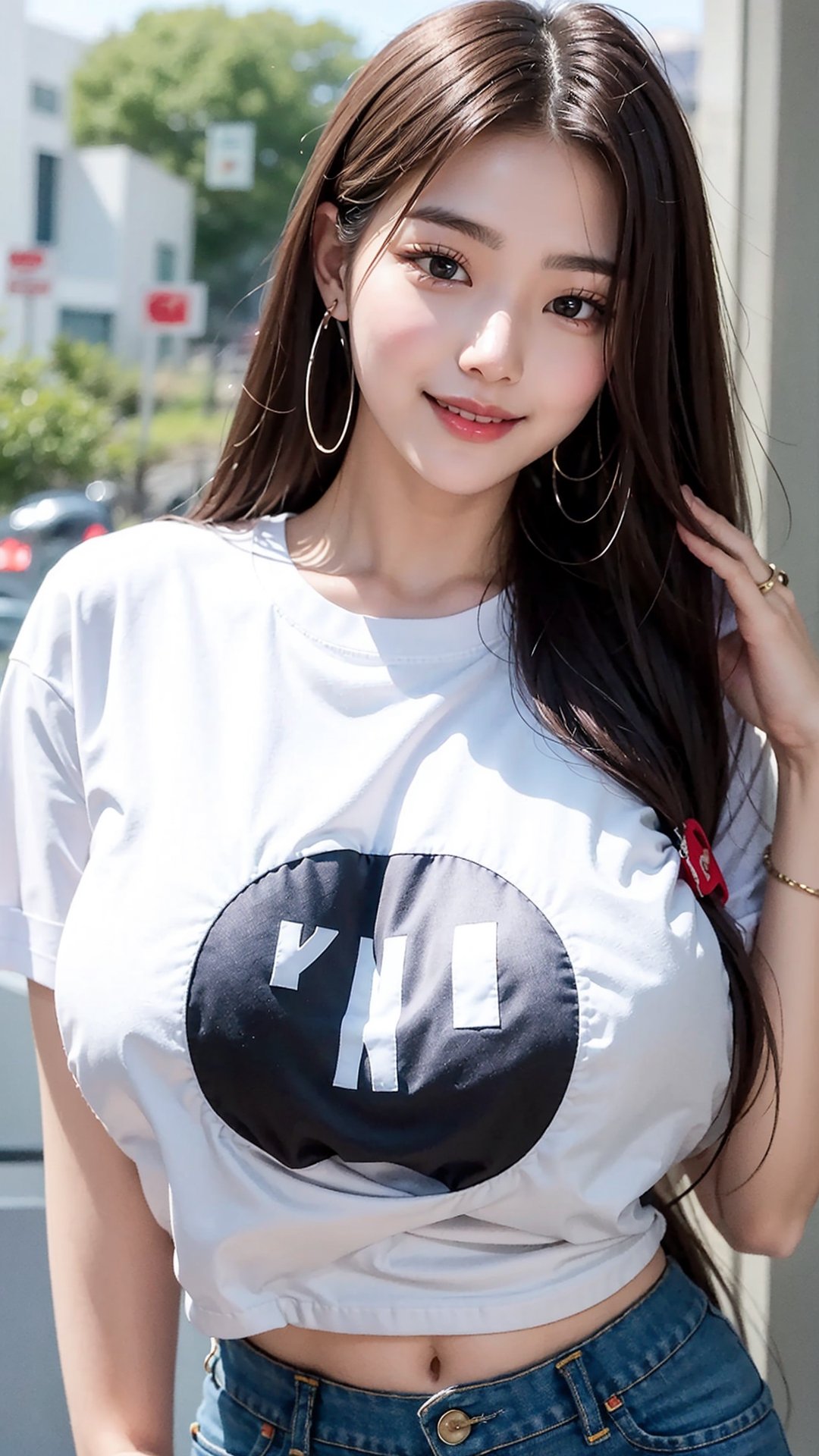 20 year old korean girl, koream pop idol style, beautiful face, smile, gigantic_breast, glistening_skin, t_shirt