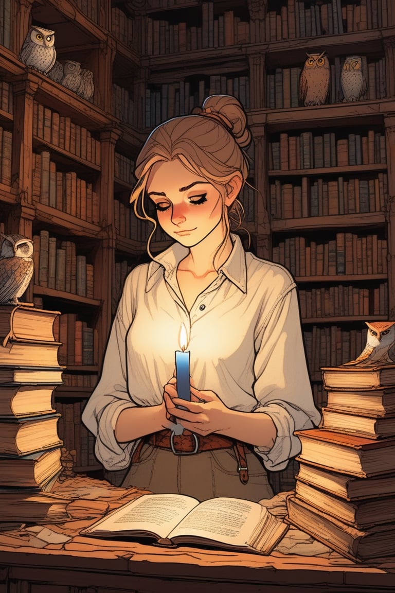 Inside a library dungeon, lit by a single candle, (fatigued female:1.8), hugging an owl, ponytail, linen shirt, surrounded by antique books, (by posuka demizu:1.5), Studio Ghibli, aesthetic illustration, fantasy illustration by Brian Kesinger, detailed background, (sketched lines:1.6),  (realistic, ilya kuvshinov:0.6), anime steampunk style,