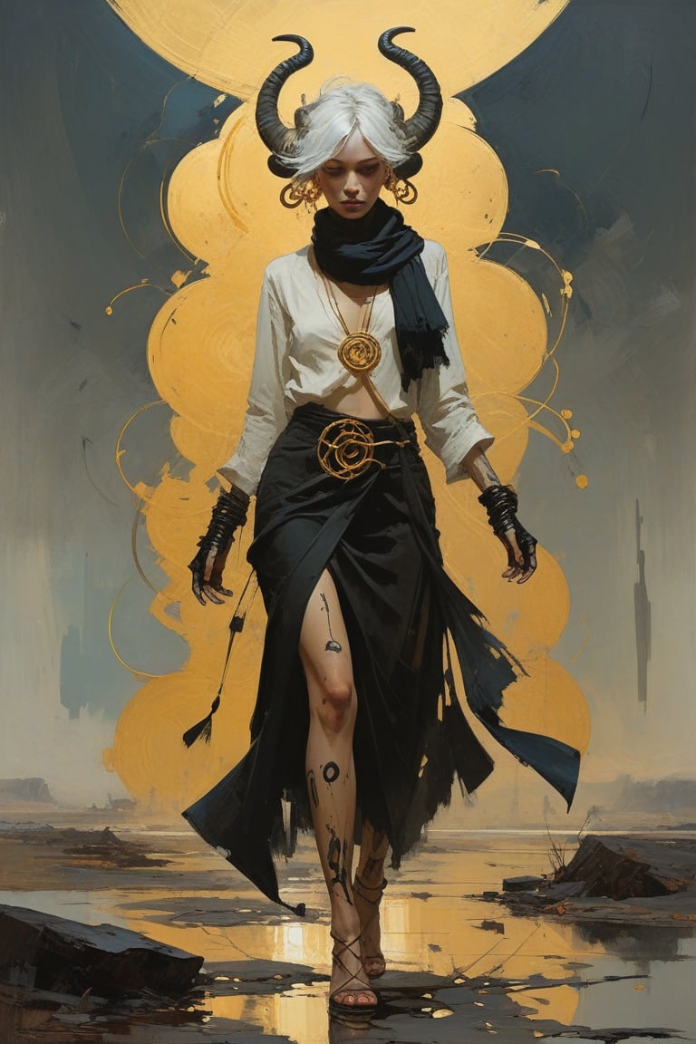 full body, style of Simón Prades, Ismail Inceoglu, Ashley Wood, obscure, loose and expressive, broad brushstrokes, grays, whites, subtle skin tones, ethereal and moody atmosphere, anonymity and introspection. An otherworldly demonic woman with a quarter of her face in black strokes, the rest white. Clenched bioluminescent fist towards viewer. Dark shadowy heels, golden pupils, dark torn scarf, golden sun hoop earrings, golden sun tattoo on forehead, dark curled horns