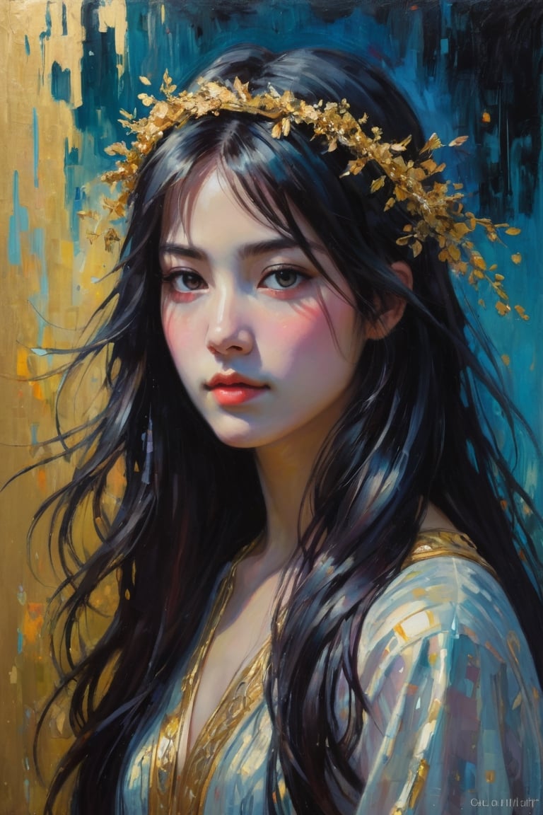 Impressionistic painting, textured, deep brushstrokes, style of makoto shinkai, art by Armand Guillaumin, Claude Monet, Portrait of a girl, black and long straight hair, gold saint halo in head, neon ambiance, cybernetic background, volumetric backlighting,darkly romantic illustrations, acrylics textured with palette