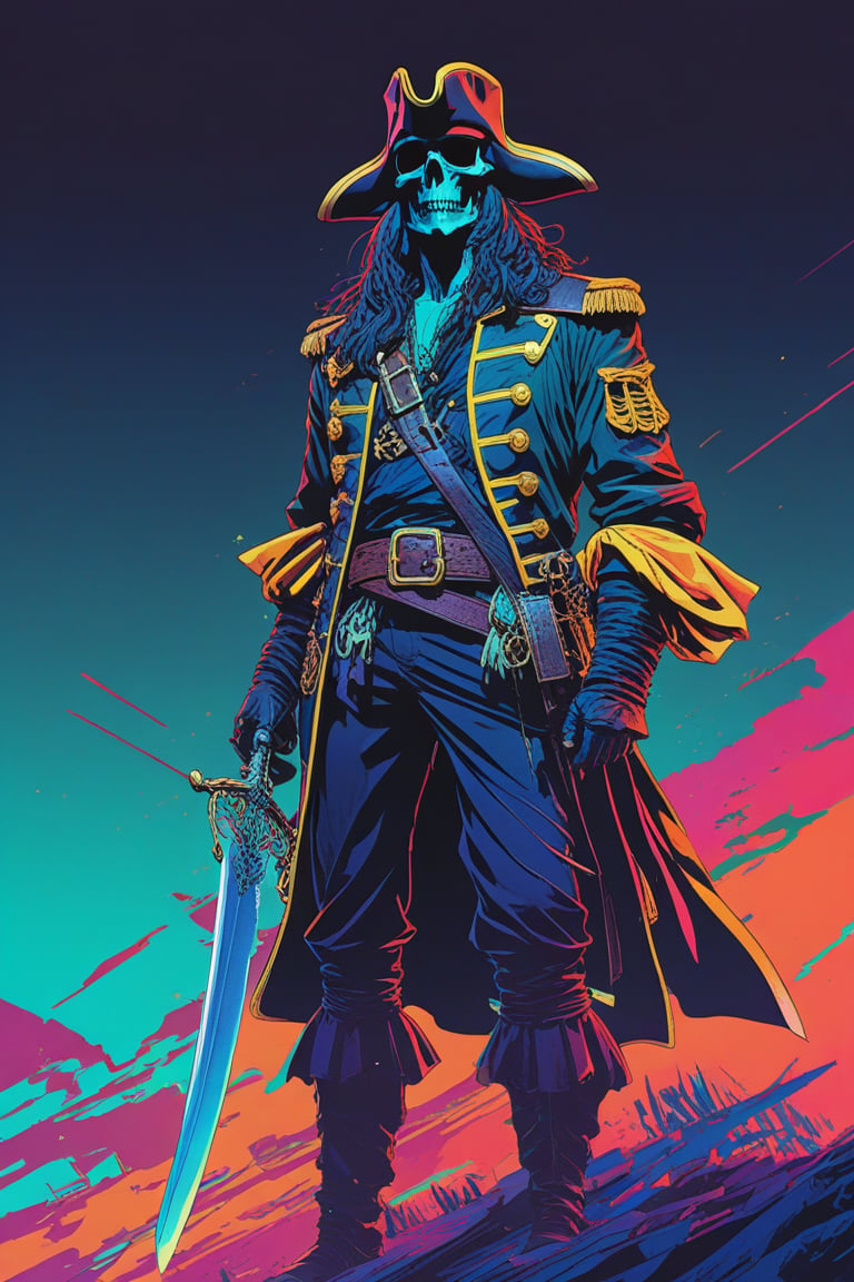 Skeleton, captain pirate, 80s anime style, glitch art, flat colors, key visual, vibrant, studio anime, minimalistic, (style of Charlie Bowater, (style of moebius:1.2):1.15), 