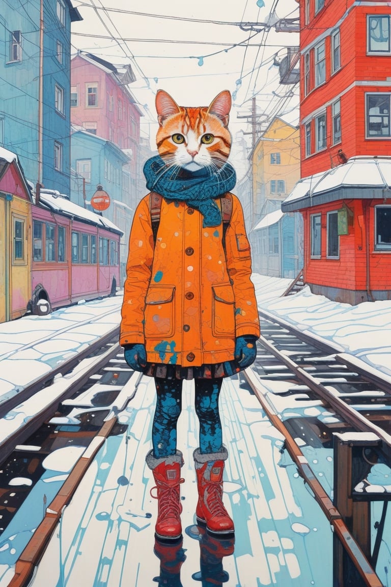 (by Hope Gangloff, Carl Larsson, (Simon Stålenhag:1.1):1.05), conceptual art, chibi cute small (vibrant:1.1), anthropomorphic cat, ink stains, ink splashes, city background, (sketched lines:1.2),(post-Impressionist:1.2), cyberpunk art,