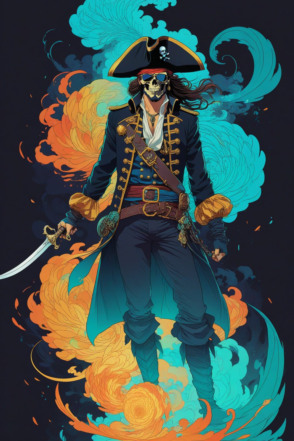 Skeleton, captain pirate, 80s anime style, glitch art, flat colors, key visual, vibrant, studio anime, minimalistic, style of Charlie Bowater, style of moebius, body composed of swirling energy adorned with intricate patterns resembling swirling smoke and dragons, 